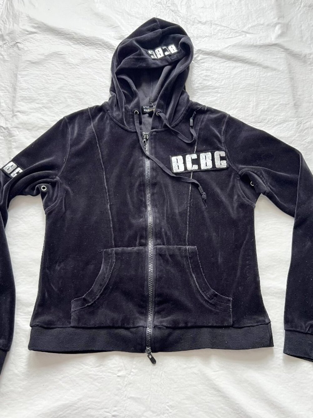 y2k velour jacket BCBG black silver zip up hooded hoodie womens Medium 2000s